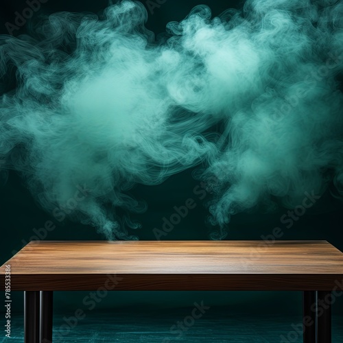 teal background with a wooden table and smoke. Space for product presentation, studio shot, photorealistic
