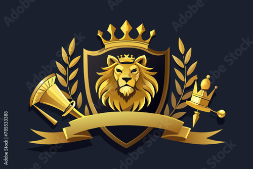 Enhanced version Majestic gold crown adorned with laurel wreath, accompanied by a regal trumpet, noble lion, and elegant ribbon. This 3D vector icon set embodies royalty and grandeur