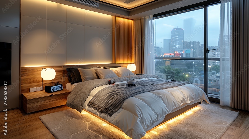 A sizeable bed sits in a bedroom, adjacent to a window offering a city view A sizeable bed sits in a bedroom, adjacent to a window offering a city view