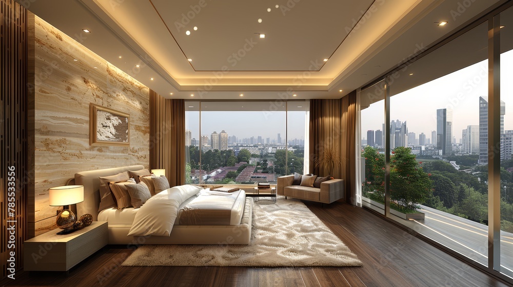   A large city-view bedroom features a spacious bed next to the window, offering an expansive urban vista