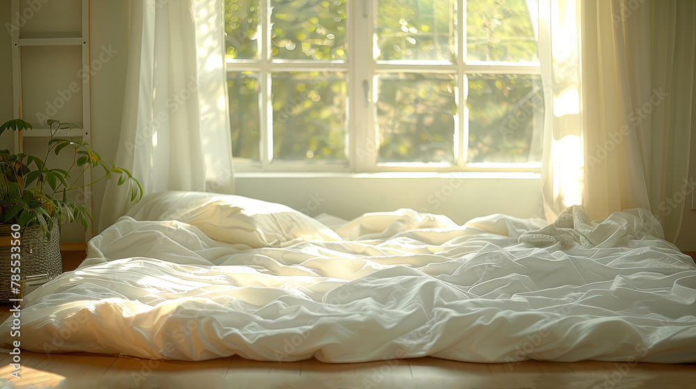   A bed adorned with a white comforter, a potted plant before a sunlit window as sunlight streams inside