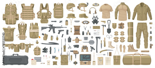 Big set of military equipment. Soldier clothes, weapons, outfit, electronics, medicals, food and other equipment