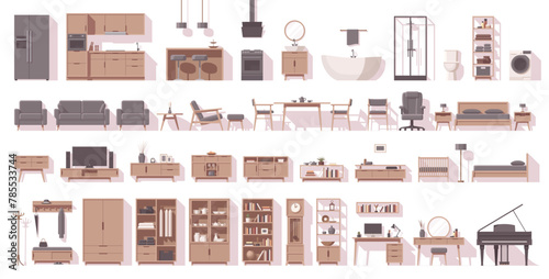 Big furniture set. Interior furniture. Flat furniture. Living room furniture, bedroom furniture, kitchen furniture, bathroom furniture and other. Vector illustration