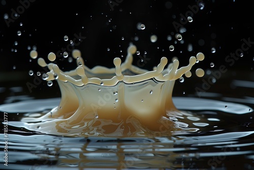 A liquid splashing into a black surface with a black background and a white circle around it that