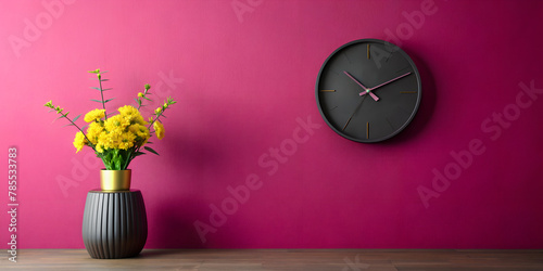 aa black matte clock on a dark pink wall and a vase with yellow flowers next to them, minimalism, art house generated by AI, minimalism, style, room, clock, matte colors, vase, flowers, design, textil photo