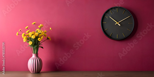 aa black matte clock on a dark pink wall and a vase with yellow flowers next to them, minimalism, art house generated by AI, minimalism, style, room, clock, matte colors, vase, flowers, design, textil photo