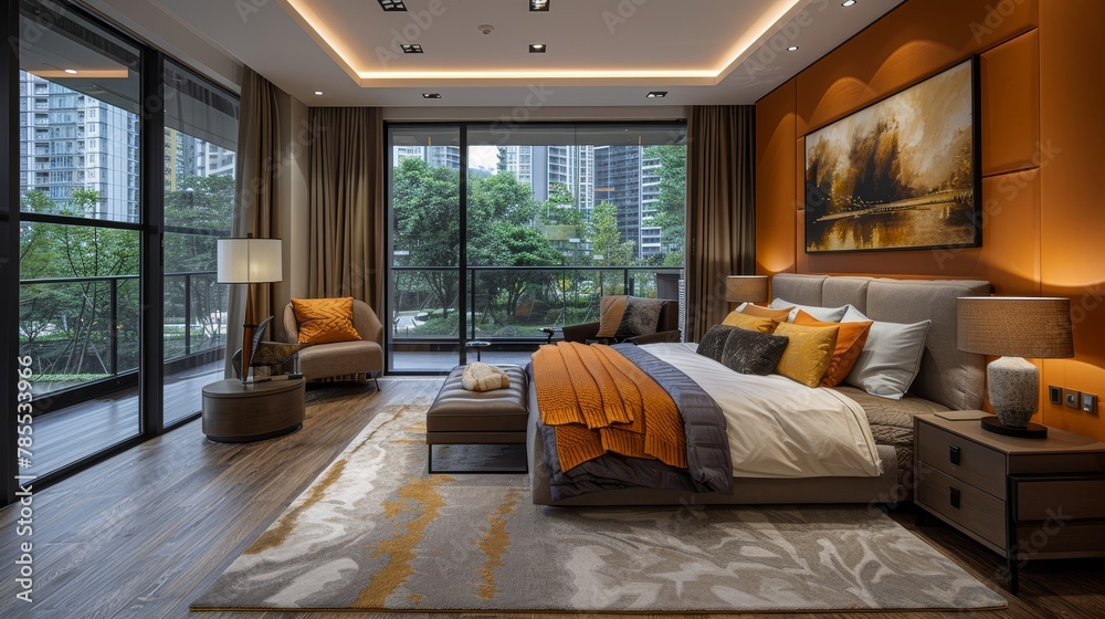   A bedroom with a neatly made bed adjacent to a large window, and a painting hanging above it