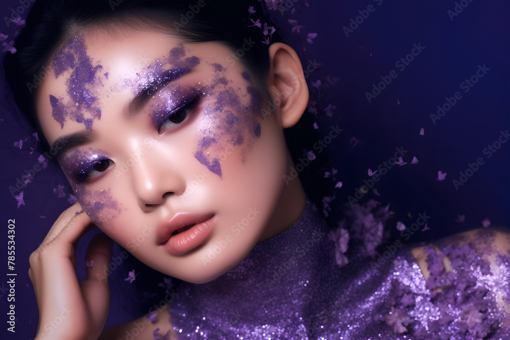 Fashion editorial Concept. Stunning beautiful asian woman girl high fashion violet purple glitter shimmer glitter outfit makeup outfit with mini flying flower floral background. copy text space

