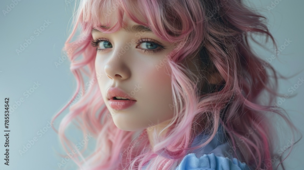 Close up of a doll with pink hair