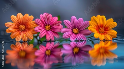   A vibrant cluster of flowers floats above mirrored reflections on a serene water surface