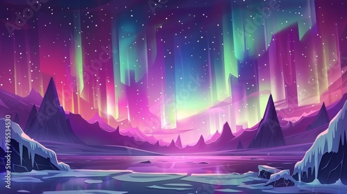 A colorful cartoon illustration of the aurora borealis shimmering above an icescape. Several stars, rocky mountains, frozen water surfaces, and many stars ornament the night sky with colorful photo