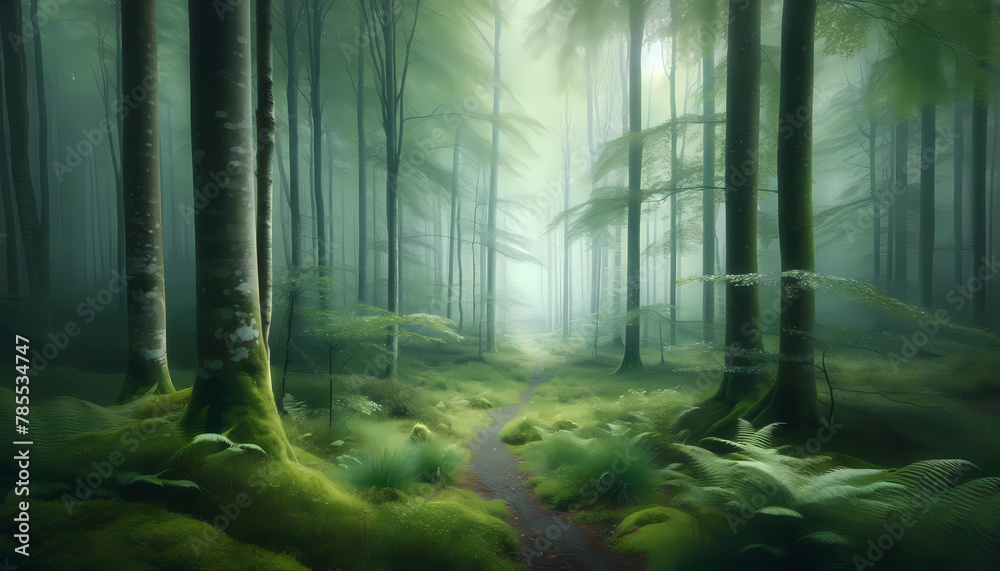 a serene forest scene enveloped in mist