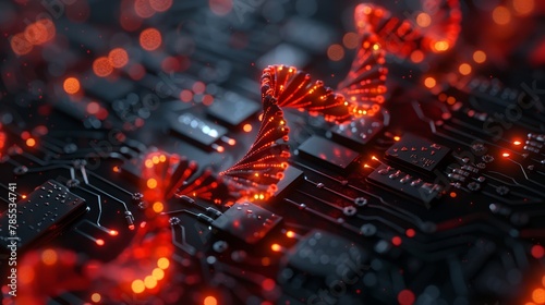 Glowing red DNA helix winding through a futuristic circuit board