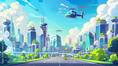 Modern cityscape with highway and plane in sky. Modern cartoon illustration of futuristic urban landscape, helicopter on skyscraper roof, apartment houses and office buildings, clouds in blue sky. photo
