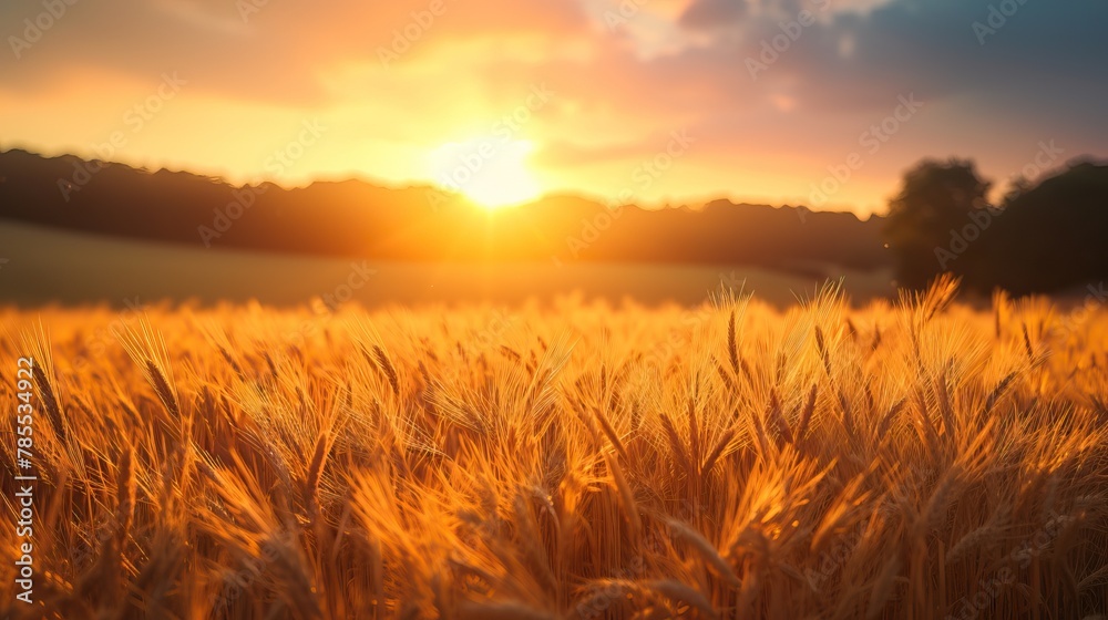 Golden light bathes a wheat field at sunset