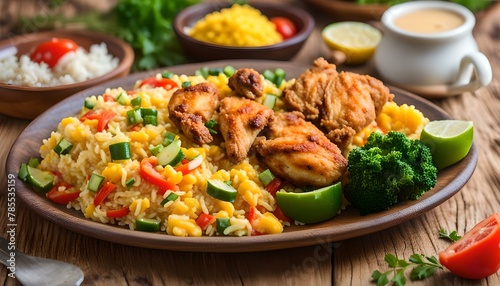 Latin recipe of arroz chaufa with fresh vegetables, scrambled eggs and fried chicken on wooden table
 photo