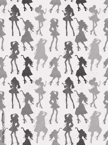 Seamless pattern, dancing colorful girls, silhouettes of girls in fashionable clothes. Suitable for interior, wallpaper, fabrics, clothing, stationery.