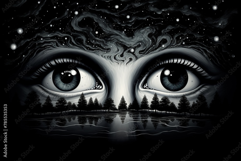 Black  white face with aurora borealis eyes in glasses, vibrant night sky, surreal illustration ,  illustration