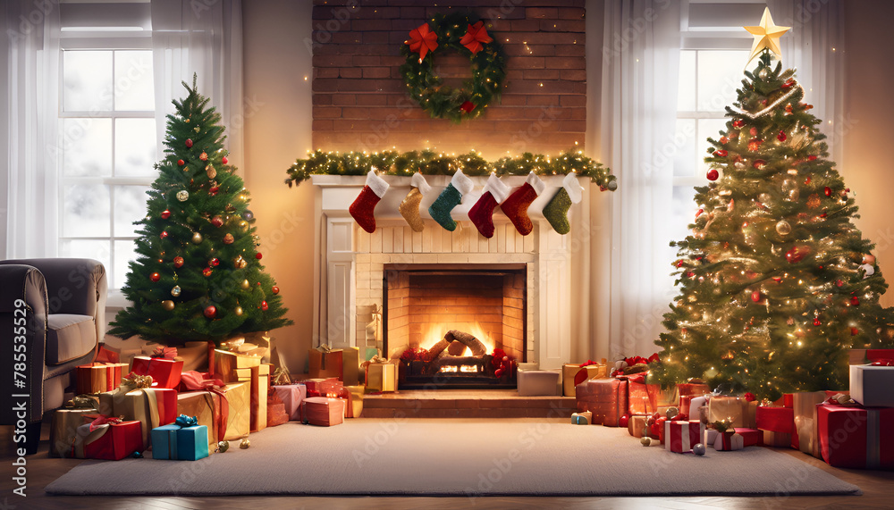 A cozy Christmas setting with a decorated tree and fireplace, surrounded by wrapped presents in a homely living room.