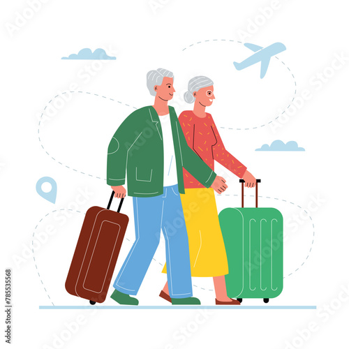 An elderly couple holding hands at the airport. A family with luggage waiting for departure.