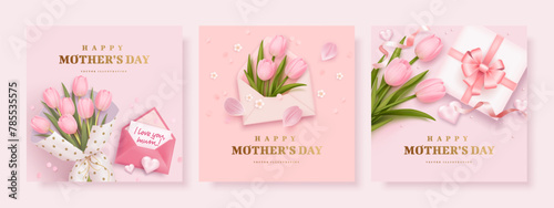 Mother's day greeting square background set with 3d tulips. gift box, envelope and golden text. Vector illustration for poster, card, promotional materials, website