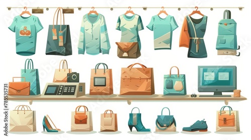 Modern illustration of cash desk, computer, paper bags and parcels, purses, t-shirts, blouses, male and female shoes on shelf in a fashion shop. photo