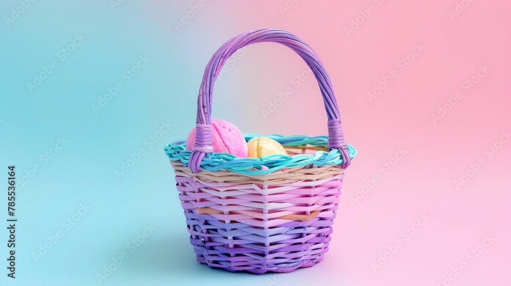   A wicker basket overflowing with pastel Easter eggs against a pink and blue ombré background
