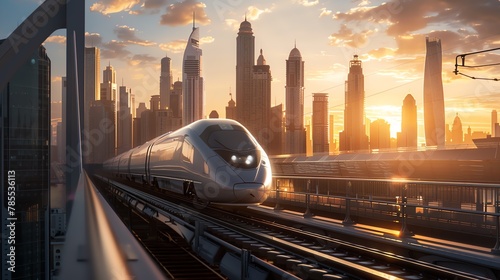 A high speed train traveling fast on a railway bridge in the middle of a built up city at dusk photo
