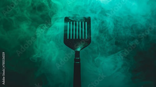   Close-up of a grilling spatula over green backdrop, emitting smoke from its upper portion photo