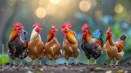 Vibrantly colored hens pecking in the lively farmyard dust, showcasing their beautiful plumage photo