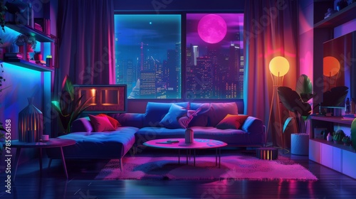 Interior picture of a dark living room at night. A contemporary apartment with a window, a couch, a coffee table, and a carpet. Glowing pink light from a bulb and moonlight enters the modern lounge