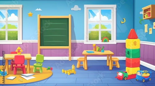 The layout of the classroom of a kindergarten is designed for kids education and play activities - the table and chairs, the chalkboard, and the toys for kids. Cartoon modern illustrations of © Mark