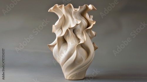   A white vase atop a table, nearby a gray wall adorned with a wave design