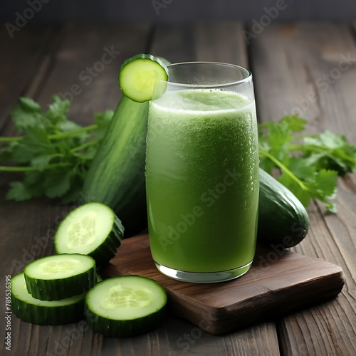 Cucumber smoothie with cucumber slices and mint on wooden background