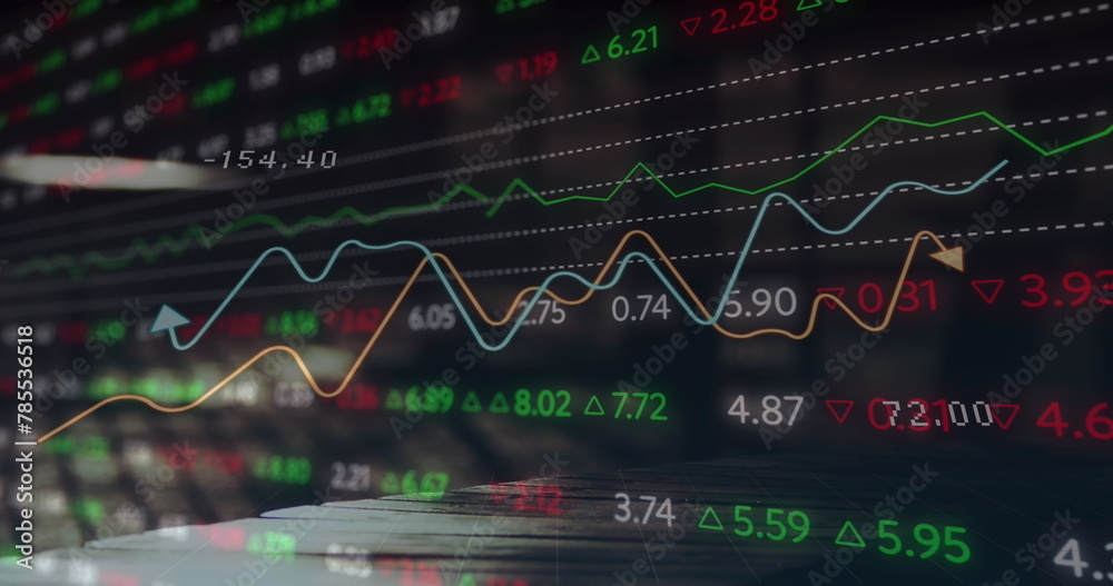 Image of stock market data processing against time-lapse of people walking