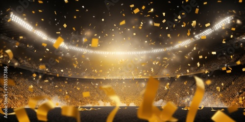 Yellow background, lights and golden confetti on the yellow background, football stadium with spotlights, banner for sports events, space in center of frame for text, 3d rendering illustration 