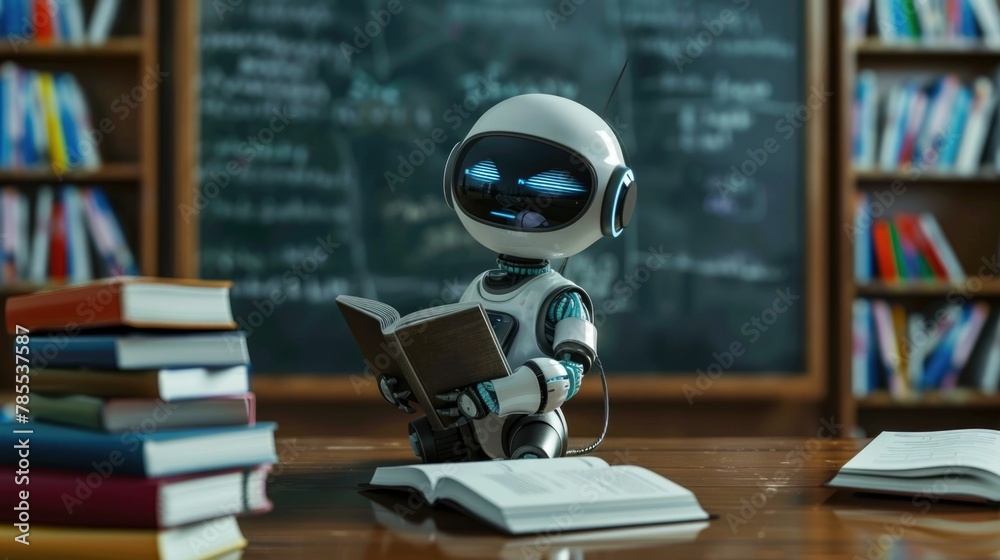 Robotic Educator Presenting Digital Lessons with Interactive Books and Chalkboard in Classroom Setting Robotic Educator Presenting Digital Lessons with Interactive Books and Chalkboard in Classroom Setting