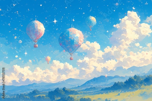 A whimsical watercolor illustration of three colorful hot air balloons floating gracefully in the sky, adorned with stars and clouds. 