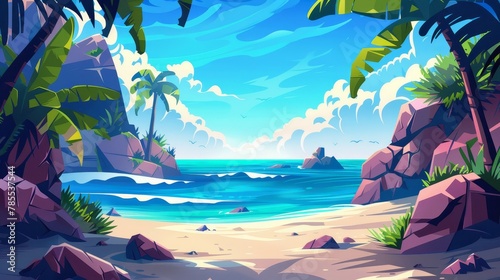 Modern illustration of a tropical ocean summer scene with a lagoon and coast. Road leading to a beautiful seaside coast for a vacation. Ideal for any place near the beach.