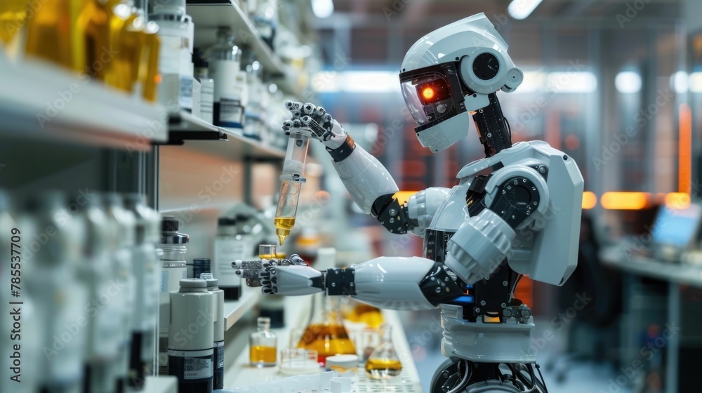 Robotic Scientist Conducting Pioneering Experiments in Cutting Edge Laboratory Setting Robotic Scientist Conducting Pioneering Experiments in Cutting Edge Laboratory Setting