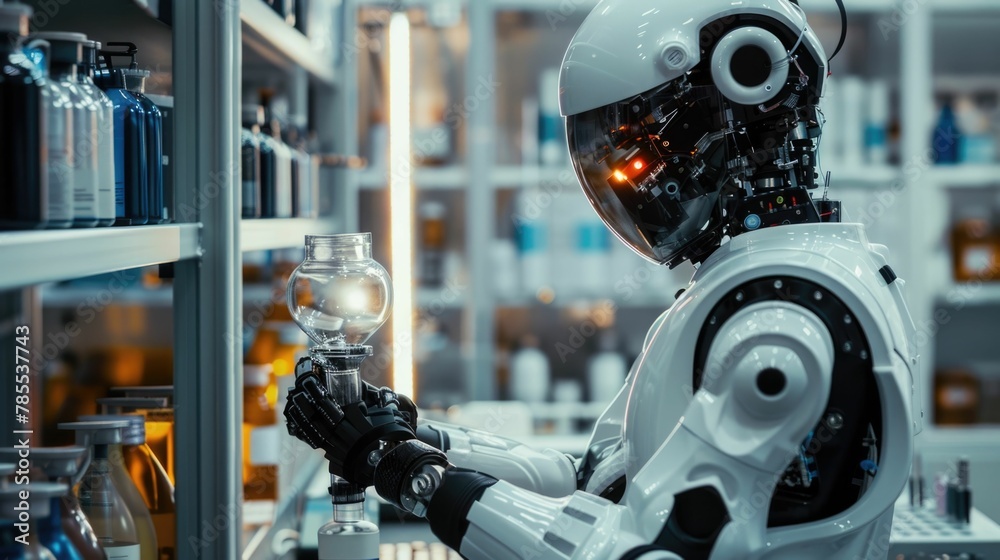 Fototapeta premium Robotic Researcher Conducting Groundbreaking Experiments in Cutting Edge Scientific Laboratory