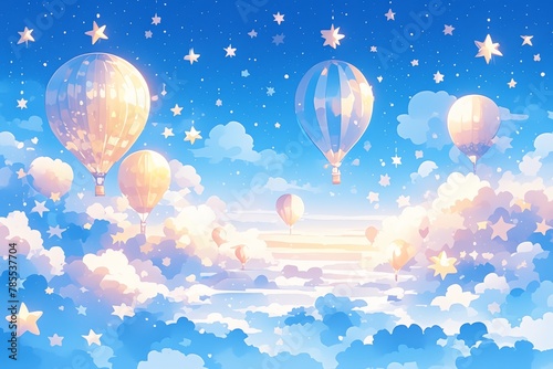 A whimsical watercolor illustration of three colorful hot air balloons floating gracefully in the sky, surrounded by fluffy clouds and twinkling stars, 
