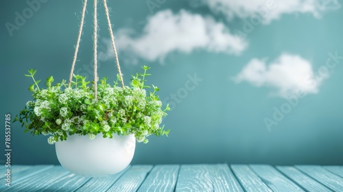   A potted plant suspends from a rope above a wooden table, against a backdrop of a cloudy sky photo