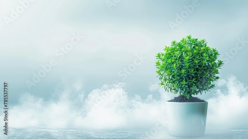   A potted plant atop a table, centrally located in a room shrouded in clouds and fog