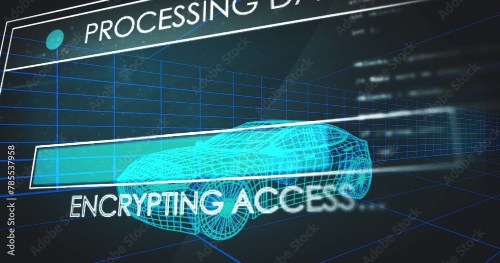 Obraz premium Image of multiple text and loading bars over computer language against 3d model of car