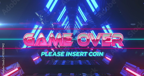 Image of game over and please insert coin text in illuminated triangular tunnel