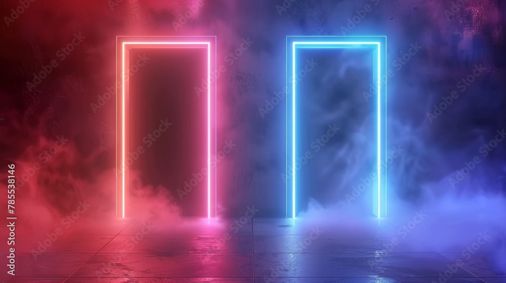 Set of neon lights doors isolated on transparent background. Modern realistic illustration of red, turquoise, blue rectangle frames portals with smoke, sparkling, glow effects, magic gates, and cyber