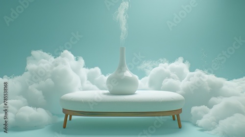  A white vase atop a white ottoman in a blue sky, dotted with fluffy white clouds