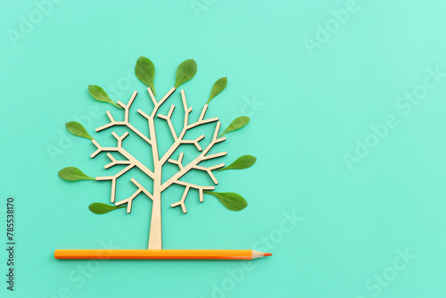 Top view image of pencil and tree concept. idea of education, creativity, and growth © tomertu