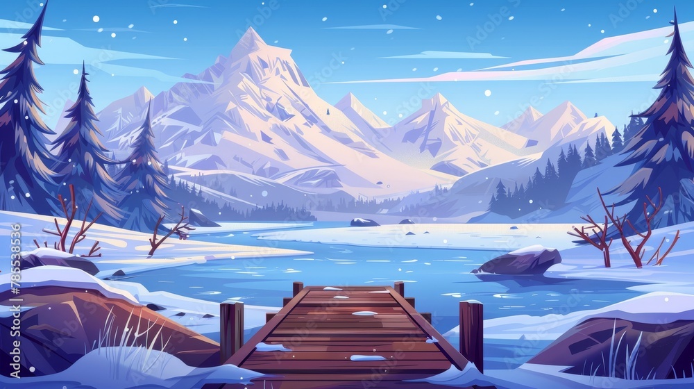 Fototapeta premium Winter scenes of a frozen lake with a wooden pier and snowy mountains. A modern cartoon illustration depicting frosty weather in the forest, snow spread across trees and the ground in a valley, and